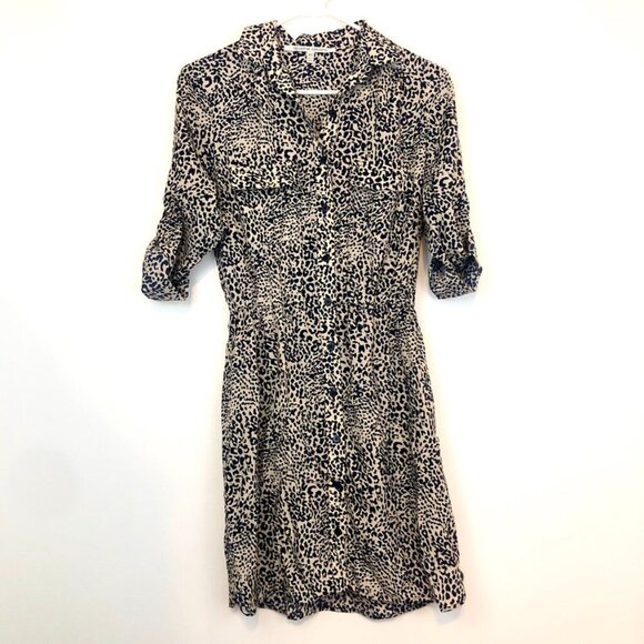 COLLECTIVE CONCEPTS Cream Beige Navy Blue Cheetah Leopard Animal Shirt Dress XS - Picture 2 of 10